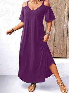Plus Size Women's Minimalist Solid Color Off-Shoulder Halter Dress, Casual Comfortable Long Dress, Daily Commute Wear, Spring & Fall