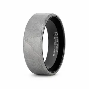 The Diemos Flat Black Titanium Ring with Meteorite and Beveled Edges  8mm