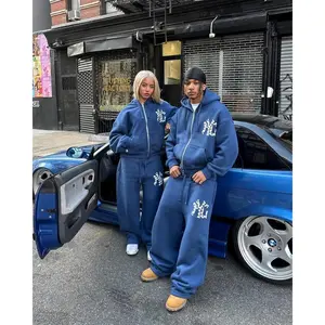 Royal Blue Two-Piece Tracksuit Set for Men and Women – American Y2K Streetwear Vintage Loose Fit Hoodie and Pants