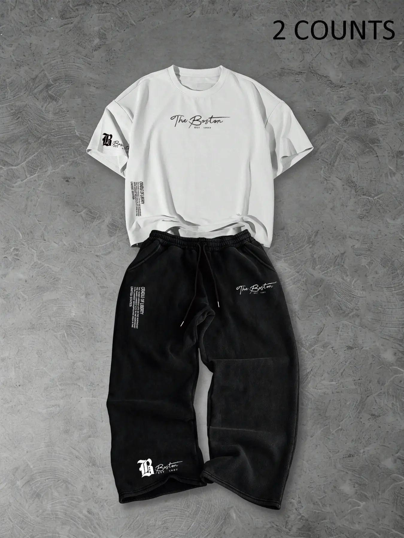 TikMen Trendy Casual City Sign Outfit Set, Menswear Summer Short Sleeve T-Shirt & Wide Leg Baggy Pants Two-Piece, Streetwear Fashion for Skateboarding, Commuting, Multiple Scenarios Clothes