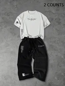 TikMen Trendy Casual City Sign Set, Summer Short Sleeve T-Shirt & Wide Leg Pants Two-Piece Outfit, Streetwear Fashion for Skateboarding, Commuting, Multiple Scenarios