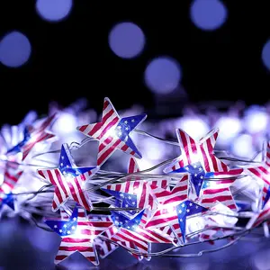 American Flag Star Copper Wire Lights LED President's Day Independence Day National Day Holiday Celebration Battery-Powered String Lights 2 meters with 20 LED lights