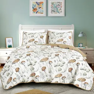 Natural  Versatile  Comfortable Printed Quilt Set -mushroom  pattern.  Available in  King or Queen Sizes. Breathable Fabric,  Machine Washable