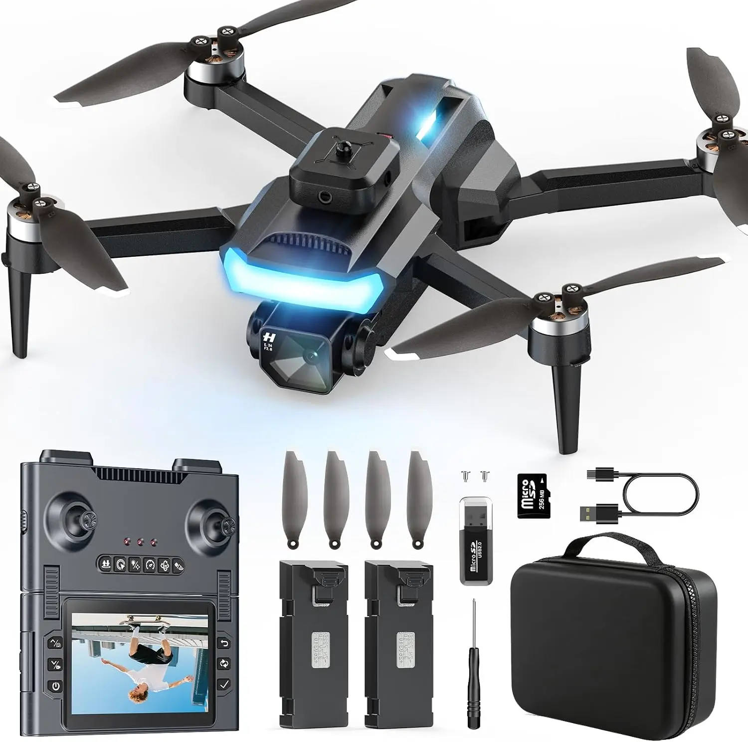 Holy Stone Compact Fold Foldable RC Quadcopter Drone with 1080P Camera, 4.3" HD Screen Controller, Brushless Motor, Obstacle Avoidance, Optical Flow, Remote Viewing, Includes 2 Batteries – Gift for Beginners & Adults