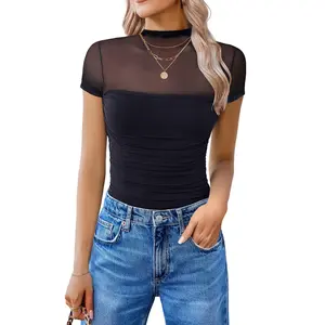 Women's Short Sleeve Mock Neck Mesh Bodysuit One Piece Sheer Leotard Night Out Party Tops