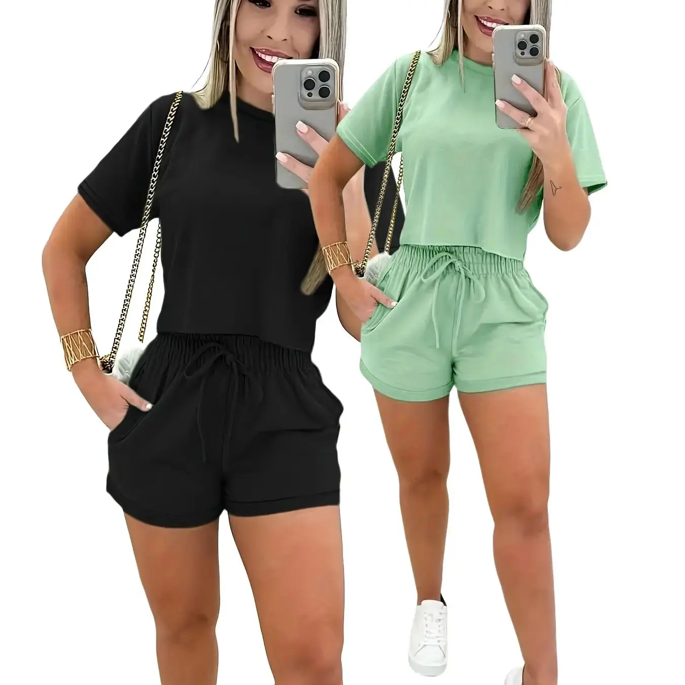 Two-Piece Set Women's Solid Color Short Sleeve Crop Jersey Tee & Elastic Waist Tie Front Shorts Set, Casual Round Neck T-Shirt & Pocket Shorts for Summer, Summer Outfits 2026, Ladies Clothes for Daily Wear, Two Pieces Outfits Two-Piece Set Women's Solid Color Short Sleeve Crop Jersey Tee & Elastic Waist Tie Front Shorts Set, Casual Round Neck T-Shirt & Pocket Shorts for Summer, Summer Outfits 2026, Ladies Clothes for Daily Wear, Two Pieces Outfits