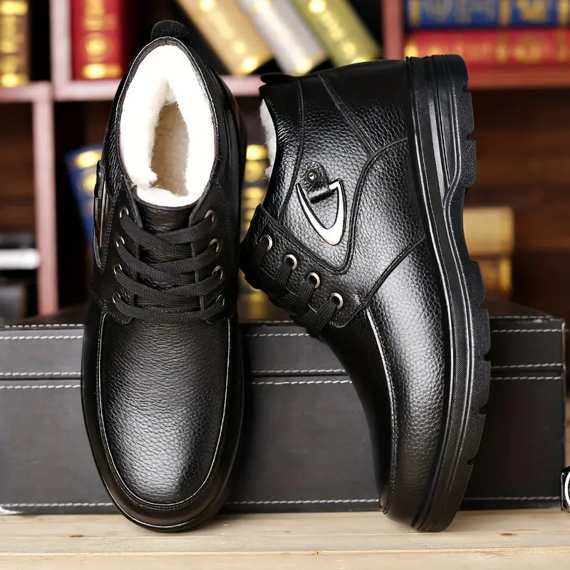Men's Solid Color Fleece-Lined Leather Ankle Booties - Laces, Slip Resistant Rubber Sole, Casual Wear, Daily & Casual Fabric Footwear for Autumn-Winter Outdoor Hiking, Business, Unisex, Cow Leather, Casual Hiking, Comfy Non-Slip Rubber Sole