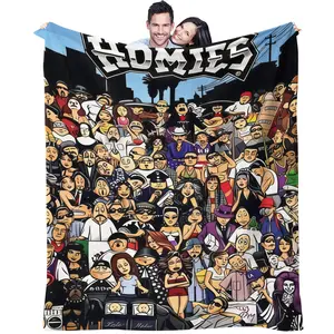 Vintage Homies Cartoon Gang Blanket, Cartoon Pattern Blanket, Chicano Culture Street Art Decorative Blanket, Homies Fan Exclusive Gift Blanket, 90s Classic Chicano Lowrider Car Culture
