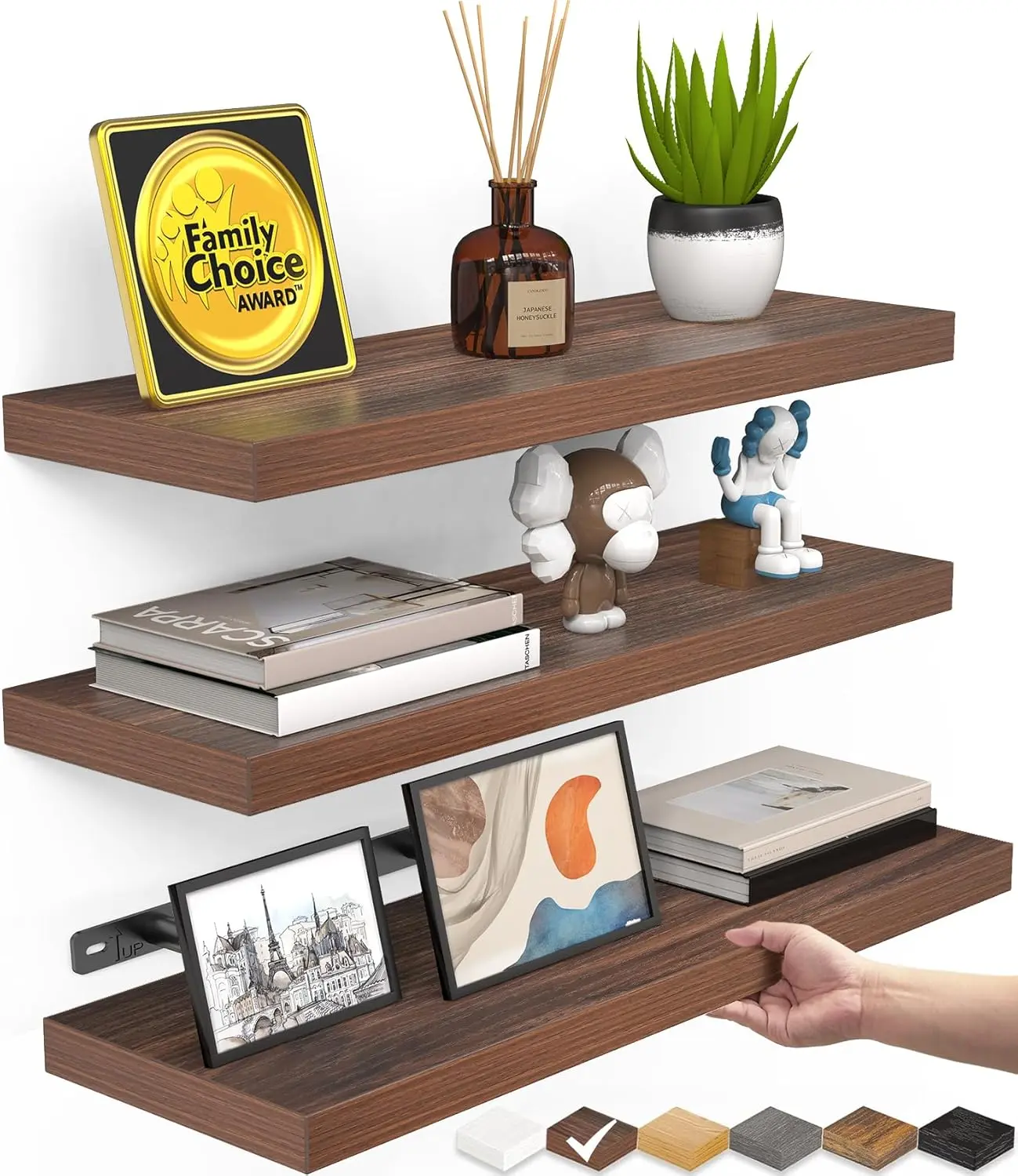 Floating Shelves for Wall, Set of 3, Wall Mounted Rustic Wood Shelves for, Bedroom, Living Room,, Small Shelf for Books//Room Decor, Walnut-Like, 15.7in.