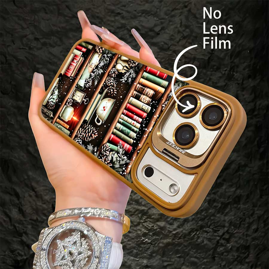 TPU Shockproof Transparent Phone Case with Orange Lens Bracket, Vintage Christmas Bookshelf-Books-Teacup-Candle Print, Fashion Versatile Protective Cover for Multiple iPhones (17 Pro Max,16,16 Plus,15,14,13,12), Ideal Holiday Gift