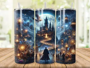 Fantasy Wizard Castle Tumbler 20oz – Magical Academy Night Sky Aesthetic Insulated Travel Cup, Fantasy Castle Landscape Coffee Tumbler Gift