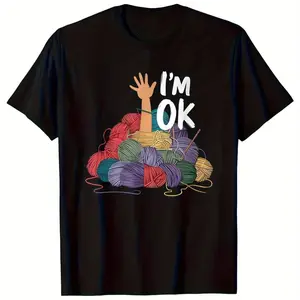 Retro-Inspired Yarn Needle Crochet "I'm Good" T-Shirt - Soft, Breathable Round Neck Top with Unique Crochet Design, Machine Washable Solid Color Tee for Year-Round Comfort, Perfect for Casual Wear, Training, or Holiday Gifts