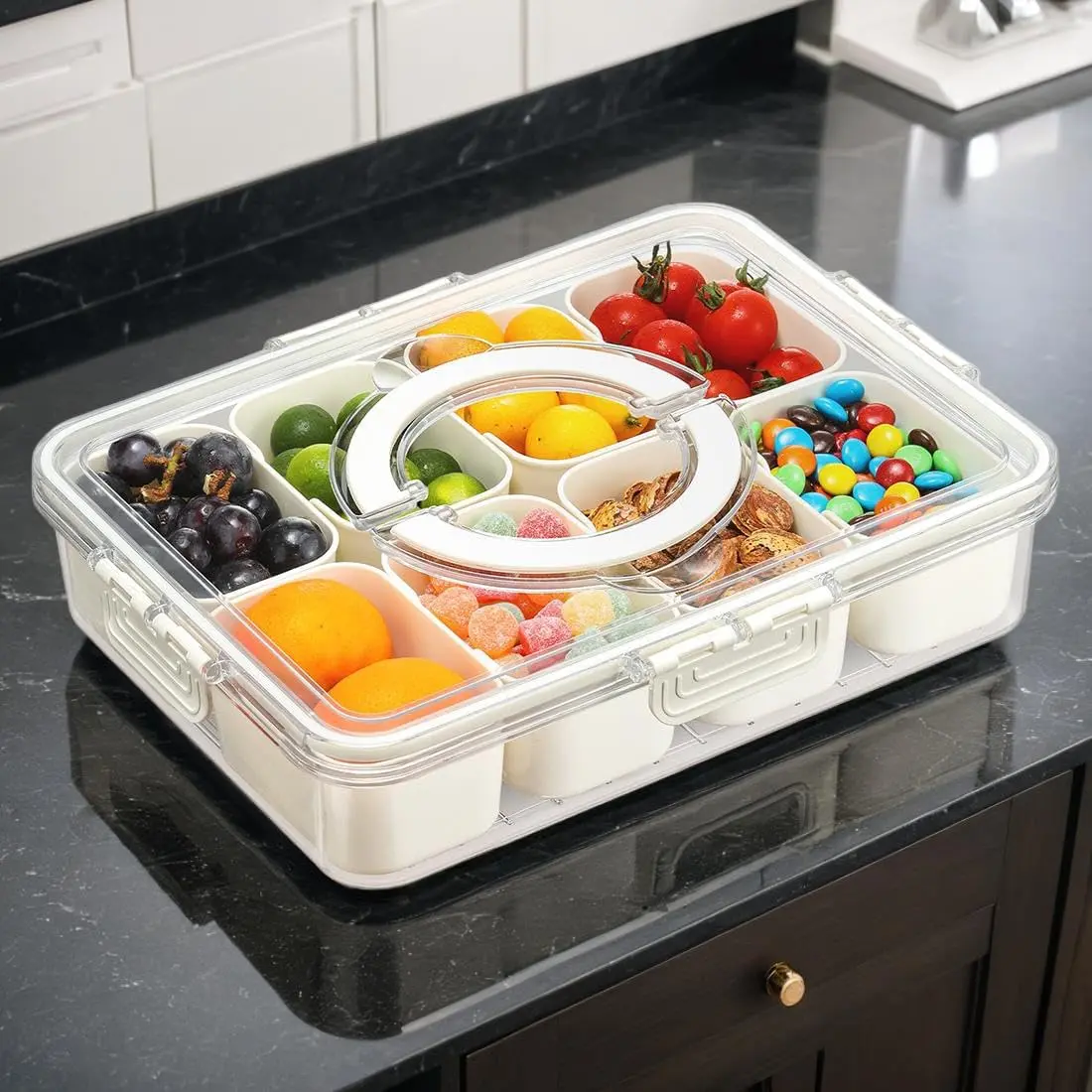 Divided Serving Tray with Lid and Handle, Multi Grid Snack Box, Portable Snack Platter, Fruit & Vegetable Storage Box for Home Kitchen