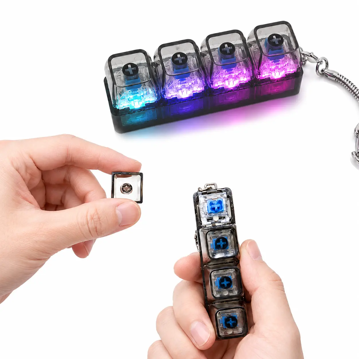 Keyboard Fidget Toy, Light Emitting Keychain, 4-In-1Decompression Button, Stress Relief Gift, & TransparentOptions, Sensory Fidget Keychain