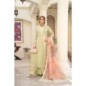 Arwah Organza Luxury Formal Dress VA8 - Long Sleeve Embroidered Pearl-Decorated Gown with Printed Dupatta & Slip Shirt Set