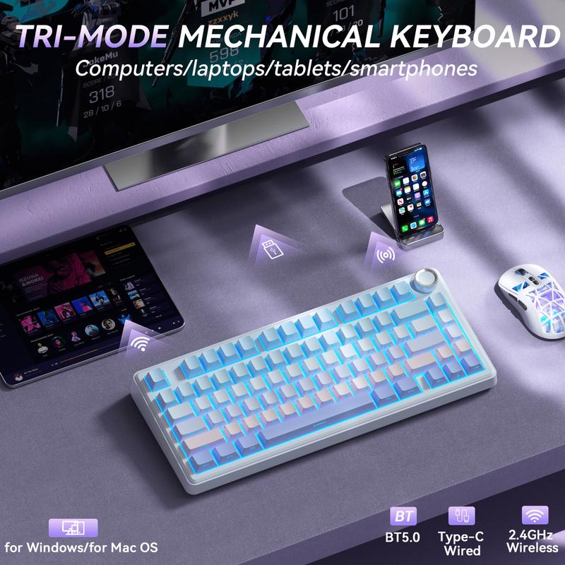 SOLAKAKA A75 Wireless 75% Mechanical Keyboard features hot-swappable keys, RGB lighting, a multi-function knob, sealed keys, PBT keycaps, and a creamykeyboard design. It is suitable for PC/Mac.