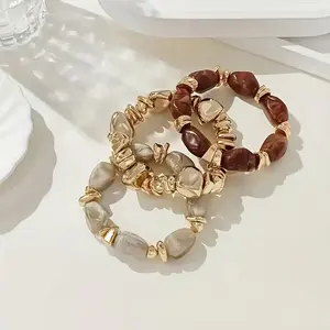 3pcs Vintage Bohemian Bracelet Set Thick Multi-Layer Brown Acrylic Beaded Bracelets Luxury High-End for Women & Men Perfect for Daily Wear Parties
