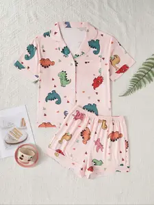 Women's Cute Sleepwear Set Cartoon Dinosaur Print Colorblock, Button Front Short Sleeves, Elastic Waist Shorts, Casual Home Wear, Pajama Set