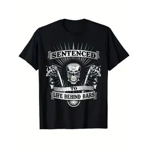 Setenced To Life Behind Bars Biker Skull Hangers Motorcycle T-Shirt Black, 100% Cotton, Gift For Men Dad Friends, Casual Crew Neck Short Sleeve Tee, Breathable Cotton Fabric, Slight Stretch, Summer Fashion Top, Regular Fit, Summer Trendy T-Shirt