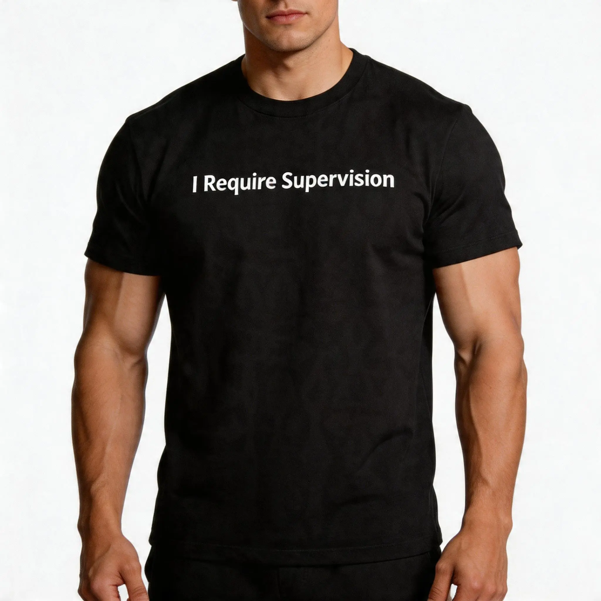 Men's 100% Cotton Classic "I Require Supervision" Print Short-Sleeve Round Neck Top - Menswear, Simple, Soft, Baggy Loose-Fit Funny Casual Tee for Chinese New Year, Easter