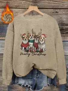 Women's Christmas Corgi Dog Print Sweater, Long Sleeve Round Neck Pullover, Soft Elastic Fabric, Casual Fall & Winter Top