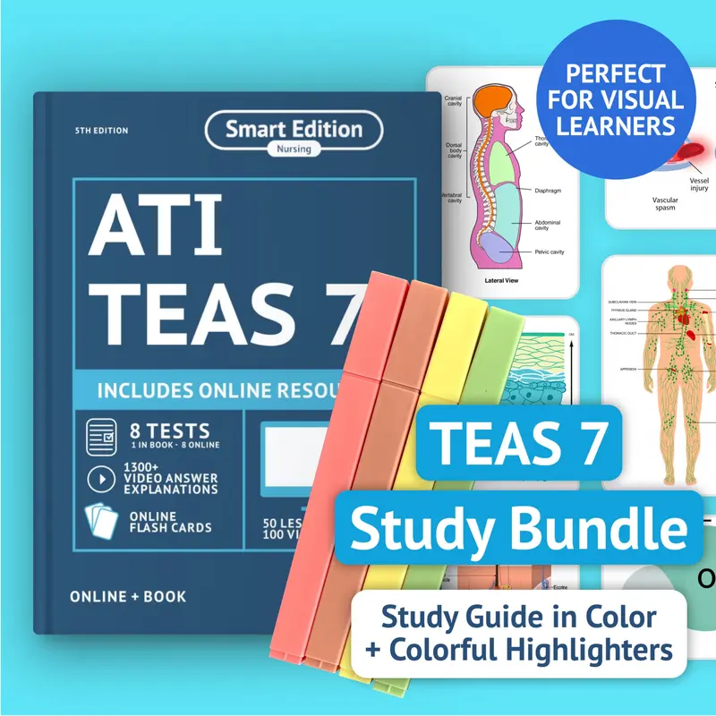 ATI TEAS 7 Complete Study System Nurse Workbook for Nursing Students - Color-Coding Method, Colorful Visual Highlighters, 8 Realistic Practice Exams, Review Book, Confidence-Boosting Lessons, Structured Study Schedule, Preparation Aids, Focus Support