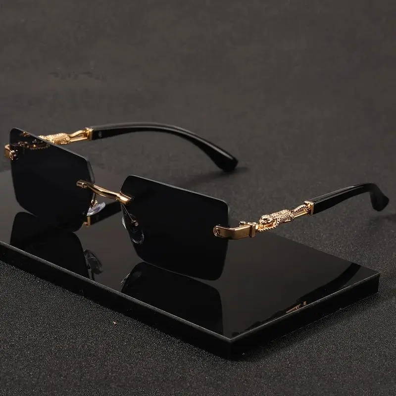 Unisex Rimless Rectangle Sports Sunglasses - Animal Print Plastic-Arm, Resin UV-Protection Lens, Rubber Anti-Skid Grip for Beach, Travel, Sport‑Ready Look