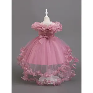 Puffy Dress Girls, Elegant One-Shoulder Gown, Birthday Princess Outfit Kids,