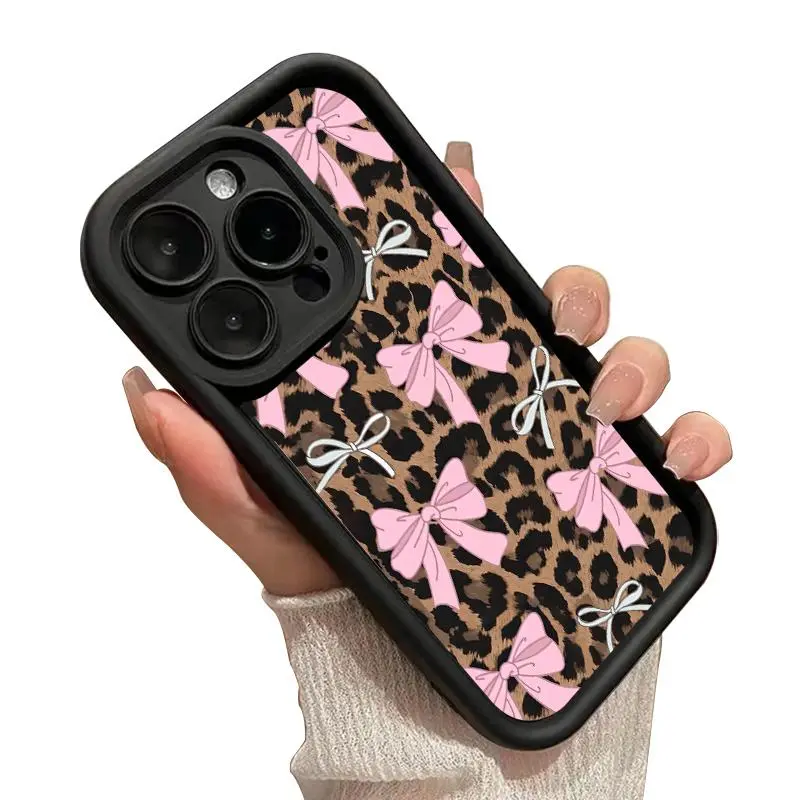 Soft Silicone Durable Protective Cellphone Casing for iPhone 17 Pro Max, 16 Plus, 15, 14, 13, 12, 11, Air E - Fashion Bowknot Leopard Pattern, Drop & Shock Protection Mobile Phone Accessory