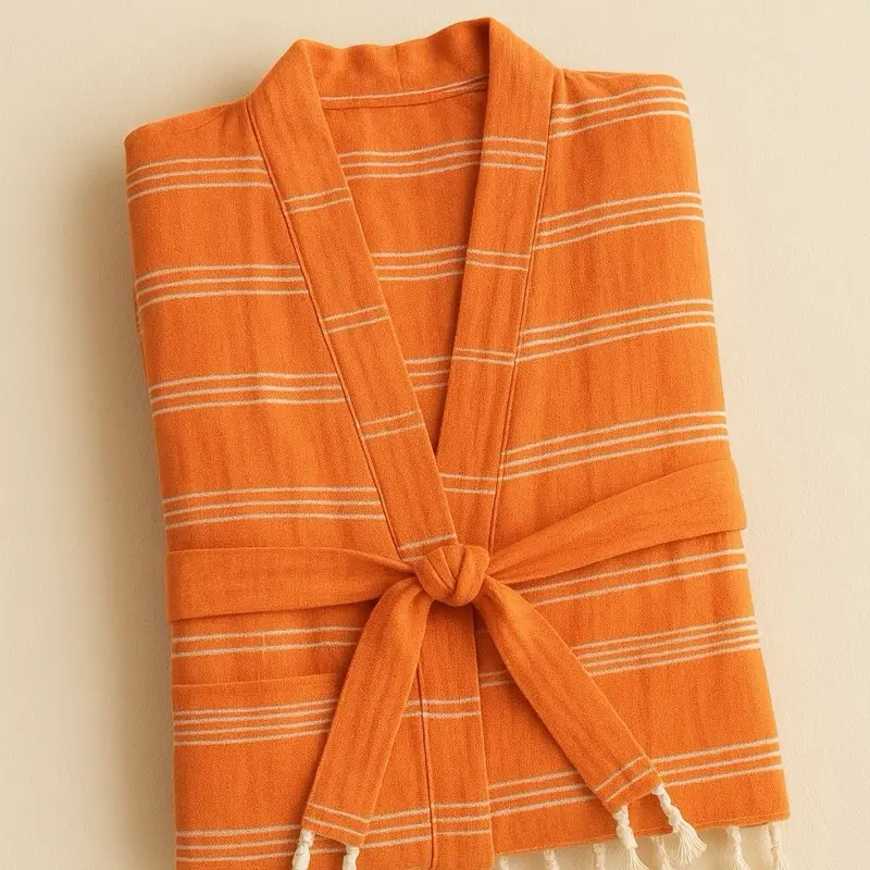 Sun-kissed Robe - Orange Striped Bathrobe with Soft Cotton Material and Stylish Knot Front
