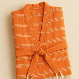 Sun-kissed Robe - Orange Striped Bathrobe with Soft Cotton Material and Stylish Knot Front