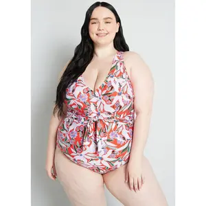 ModCloth The Bonita One Piece Swimsuit Faux Wrap Side Tie - Red Floral Print (XS-3X)