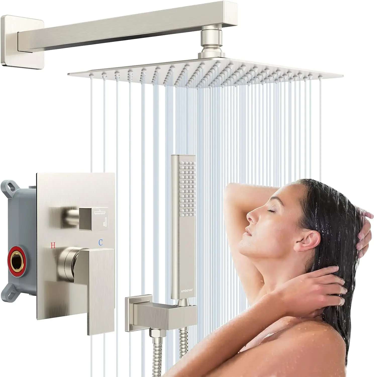 Rain Shower System Sets Faucet: EMBATHER 10 Inch Overhead Rainhead Shower Combo Set with Handheld and Valve-Luxury Modern Mixer Rainfall Brushed Nickel Shower Faucets Sets Complete