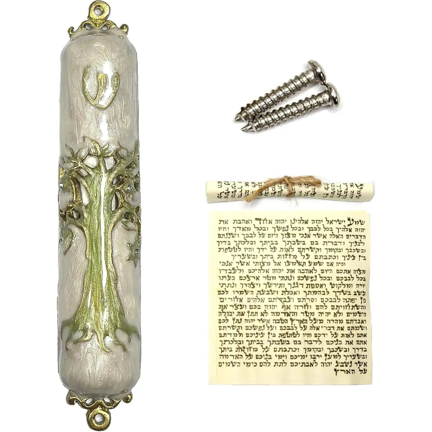 3.5" Lightweight Synthetic Metal Hand-Painted Enamel Mezuzah with Scroll - Hollow Design, Elegant Jewish Religious Home Decor Accent for House Warming, Hanukkah, Easy Install (Green, Small)