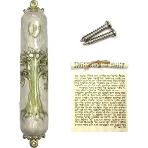 3.5" Hand-Painted Enamel Mezuzah with Scroll for Door -  Hollow Design with  Accents for Jewish House Warming , Hannukah Decor (Green, Small)