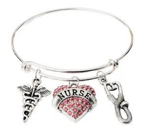 Nurse Bracelet – Pink Crystal Heart, Stethoscope & Caduceus Silver Charm Bangle | Nurse Gift