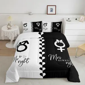 Valentine's Day Designer Comforter Set,His and Hers Luxury Bedding Set,Soft Black White Comforter,Lover Romantic Bedroom Home Decor Quilt Set