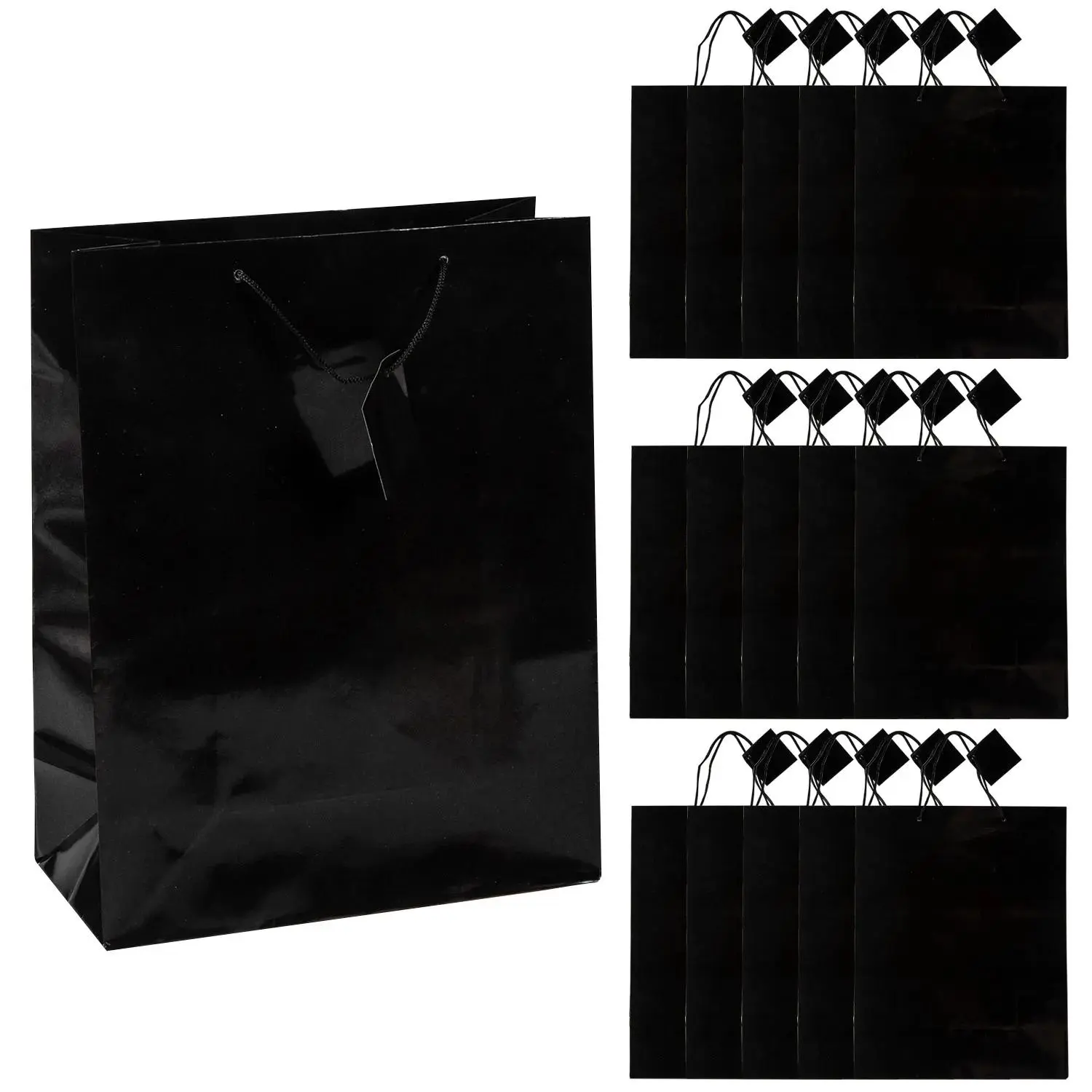 12-Pc Large Glossy Black Disposable Paper Gift Bags (10.5"x5.25"x13"), Durable Party Bags & Package with Rope Handles Easy Carry Feature, Gift Wrapping Supplies for Wedding Festive & Party Use