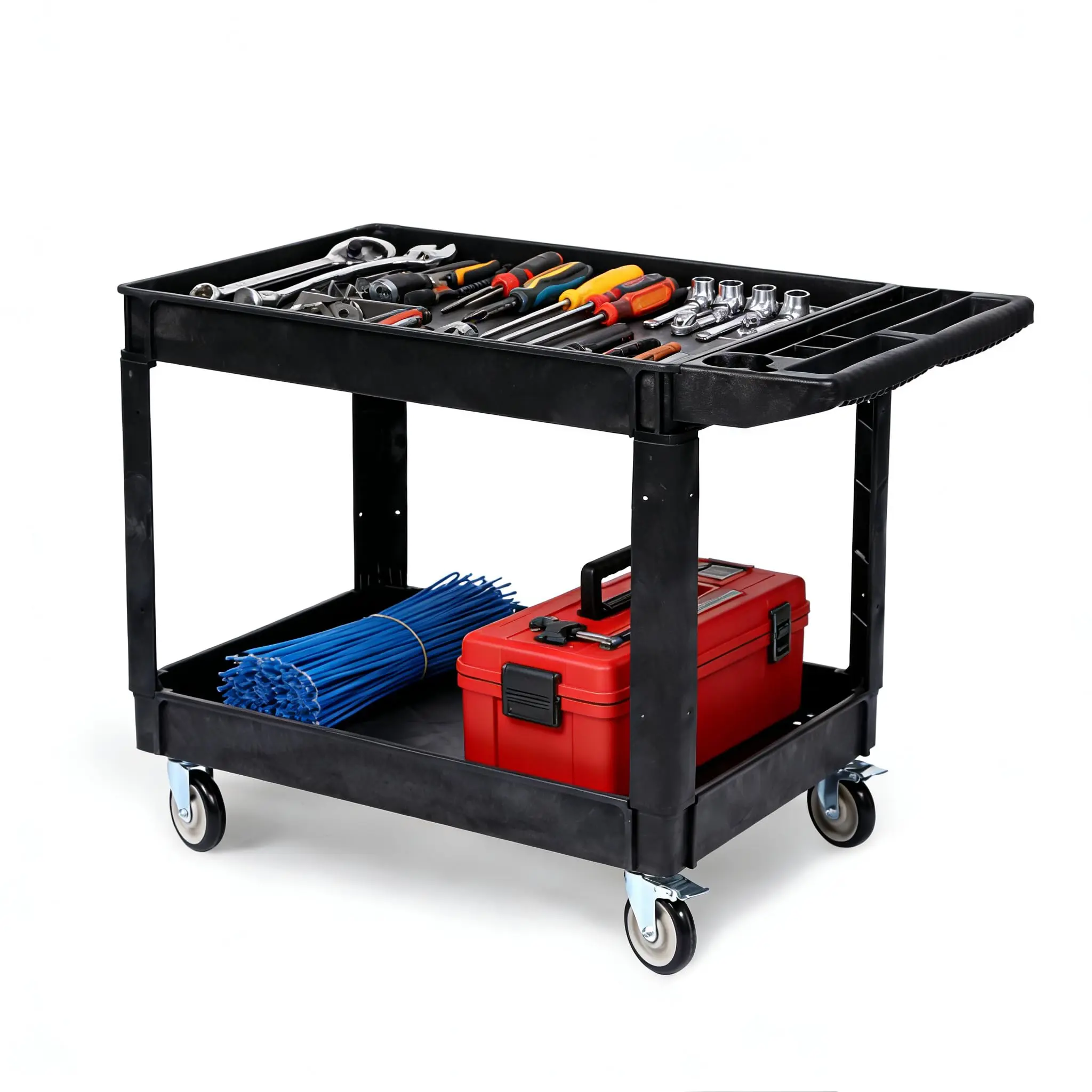 Gaomon Industrial 2-Shelf Heavy-Duty Lightweight PP Tool Storage Cart - Rolling Utility Cart with 360° Swivel Wheels (2 with Brakes), 550LBS Capacity, Large Lipped Shelves, Ergonomic Handle, Mount-Ready for Warehouse/Garage