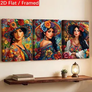 3-Piece Bohemian Mexican Female Wall Art Set with Framed Canvas Featuring Latin Woman, Mexican Hat and Floral Patterns for Living Room Bedroom Office Decor, Vintage Ethnic Style Gift