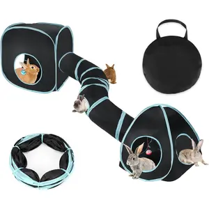 Bunny Tunnels & Tubes Collapsible Rabbit Hideout Tube and Foldable Cubes Playground Small Animal Activity Hideaway for Dwarf Rabbits Bunny Guinea Pigs Kitty (Blue Black)