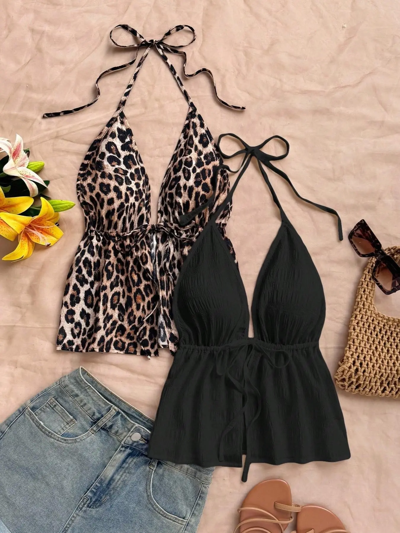 European Style Leopard Print Halter Neck Camisole Tank Tops Deep V Sleeveless Strapless Top, Waist Cinch Fitted Sexy Feminine Ruffle Blouse, Beach Vacation, Date Night, Clubbing, Street Fashion