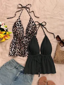 European Style Leopard Print Halter Deep V Sleeveless Strapless Top, Waist Cinch Fitted Sexy Feminine Ruffle Blouse, Beach Vacation, Date Night, Clubbing, Street Fashion