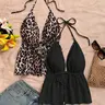 Women's Leopard Print Deep V-Neck Halter Top, Sexy Cinched Waist Ruffle Hem Sleeveless Peplum Top for Beach Vacation, Date Night & Clubbing, Crop Tank Top, Fitted Tank Top