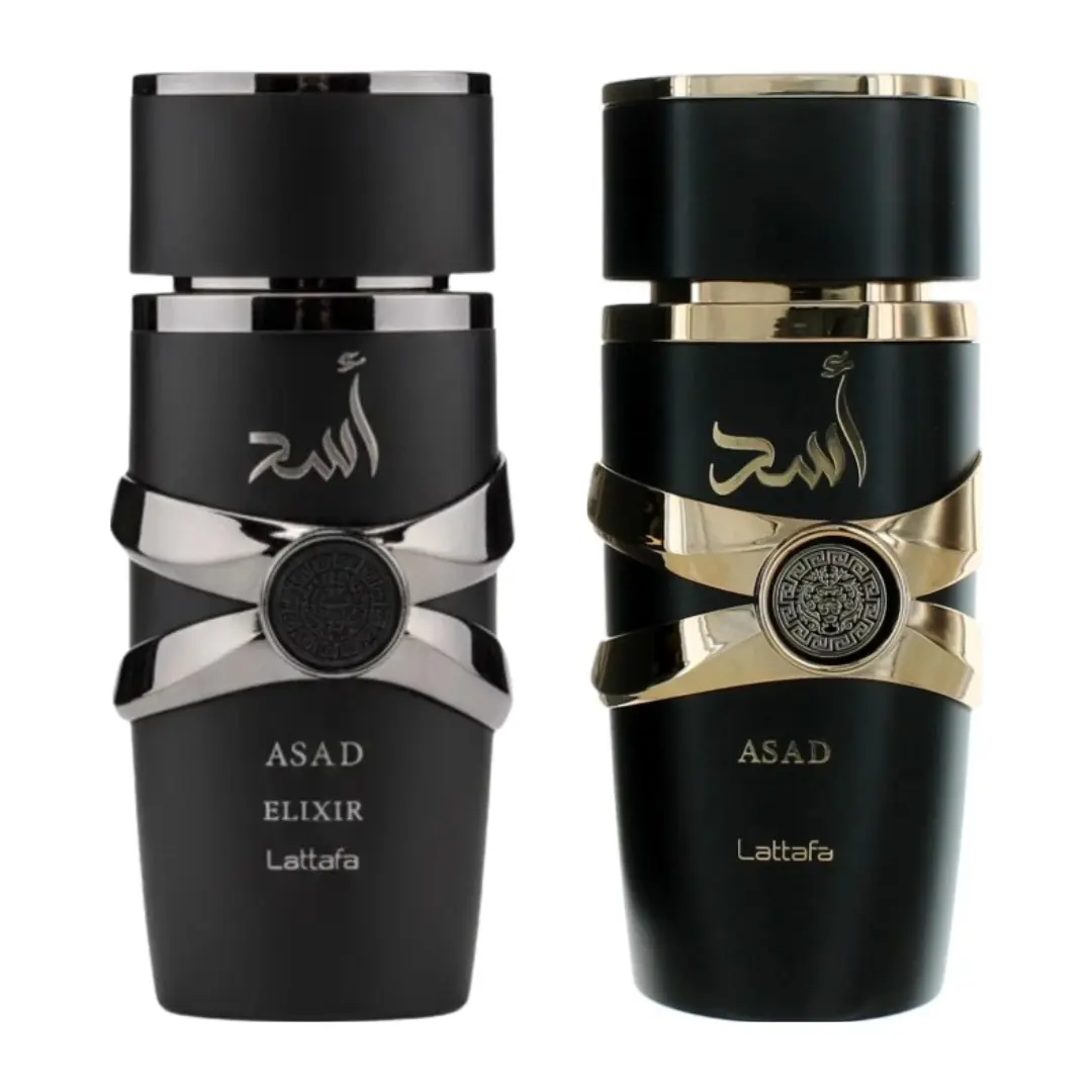 Lattafa Men's 2-Piece Premium Fragrance Set - ASAD Elixir and ASAD Luxury Look, Featuring Bottle-Shaped, Boxed, Fragrant, Luxury-Inspired Bottled Fragrances and Flasks, Premium Scents, Bottle-Shaped Men's Fragrance
