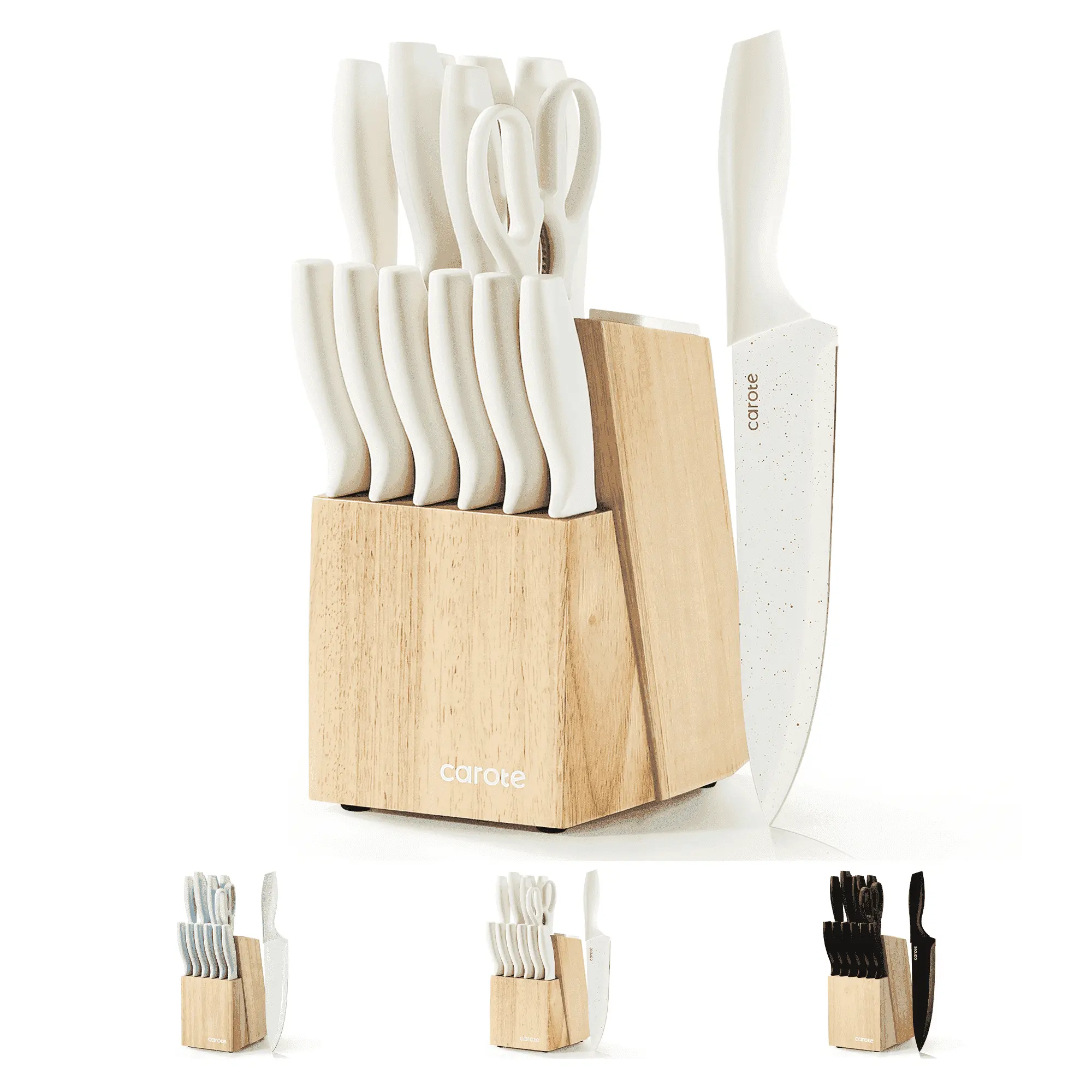 CAROTE 15-Piece Premium Kitchen Knife Set, White Ceramic-Coated Blades with Stylish Wooden Block