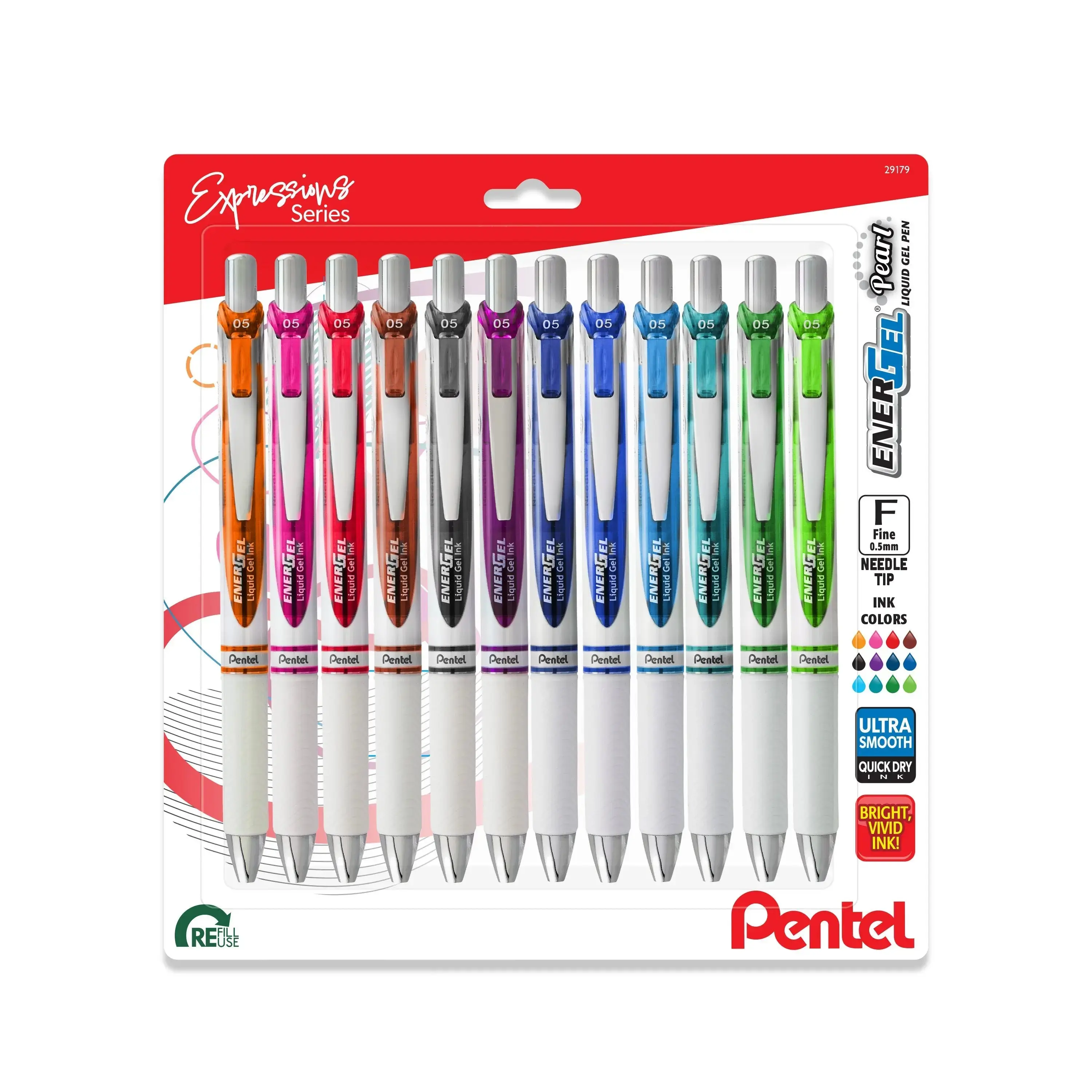 Pentel EnerGel RTX Pearl Liquid Gel Pen,  (0.5mm) Needle Tip, Fine Line, Asstd. Ink, 12-Pk