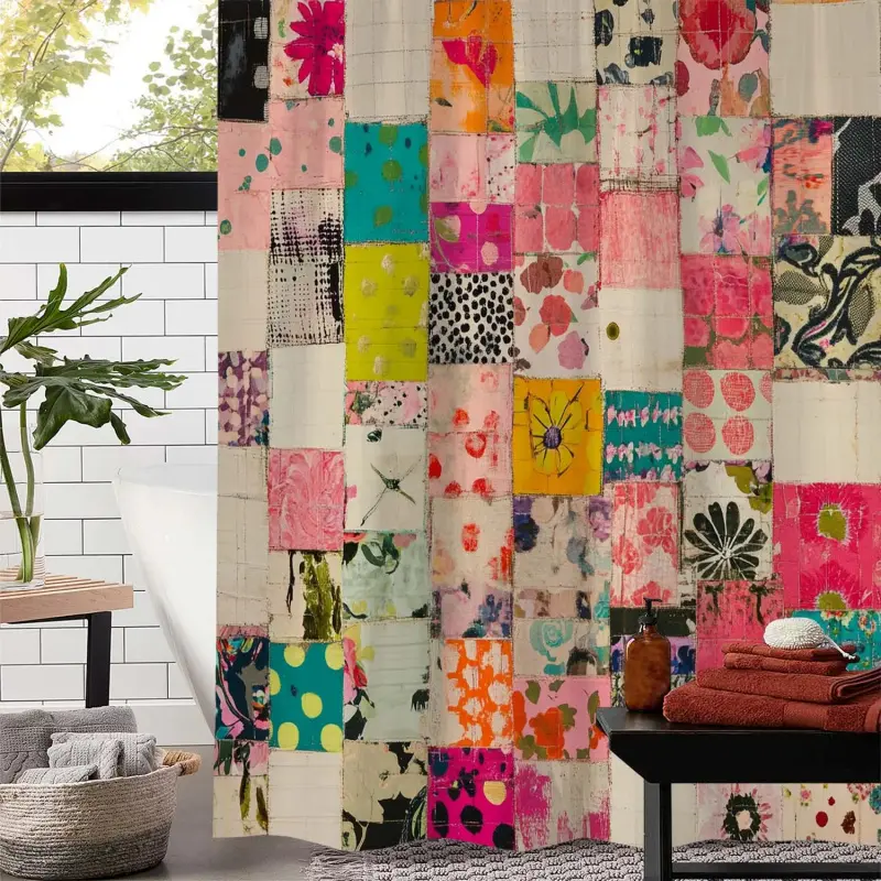 Retro Collage Printed Boho Shower Curtain, Bohemian Shower Curtain, Floral Patchwork Aesthetic Design, Machine Washable Polyester, Durable and Easy to Clean, Bathroom Decor