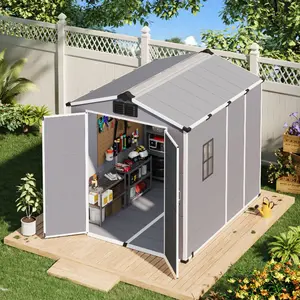 6x8 FT Outdoor Storage Shed, Weather-Resistant Shed with Lockable Double Doors & Built-In Floor, Sloped Roof Outdoor Shed for Backyard, Patio & Lawn, Gray
