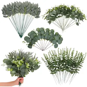 Artificial Eucalyptus Stems Bulk - 4 Kinds Mixed Realistic Greenery with Bendable Stems,   Dollar Silk Eucalyptus for Wedding Bouquet, Floral Arrangement, Vase  Decor